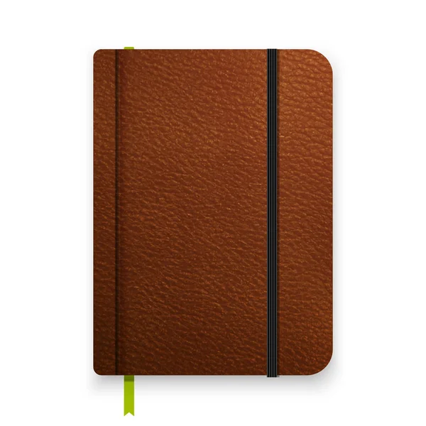 Realistiska läder brun anteckningsbok med svart gummiband. Ovanifrån dagbok mall. Vector anteckningar mockup. Stängda dagbok med gröna bokmärke. — Stock vektor