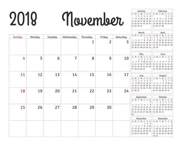 Planificateur de calendrier simple pour 2018 année. Modèle de conception vectorielle Novembre. Ensemble de 12 mois. La semaine commence dimanche. Semaine de planification du calendrier . — Image vectorielle