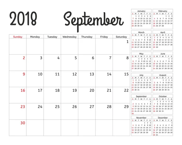 Planificateur de calendrier simple pour 2018 année. Modèle de conception vectorielle Septembre. Ensemble de 12 mois. La semaine commence dimanche. Semaine de planification du calendrier . — Image vectorielle