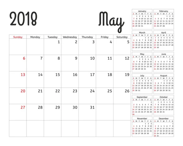 Planificateur de calendrier simple pour 2018 année. Modèle de conception vectorielle mai. Ensemble de 12 mois. La semaine commence dimanche. Semaine de planification du calendrier . — Image vectorielle