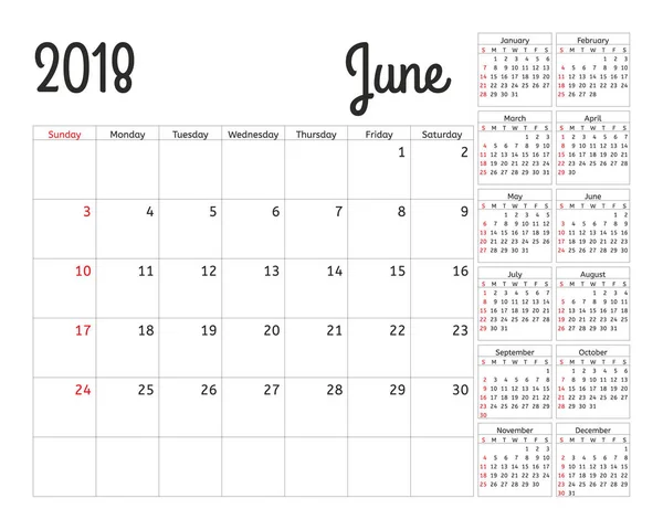 Planificateur de calendrier simple pour 2018 année. Modèle de conception vectorielle Juin. Ensemble de 12 mois. La semaine commence dimanche. Semaine de planification du calendrier . — Image vectorielle
