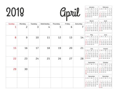 2018 yıl için basit takvim planlayıcısı. Vektör tasarımı Nisan şablonu. 12 ay kümesi. Haftası Pazar günü başlar. Takvim planlama hafta.