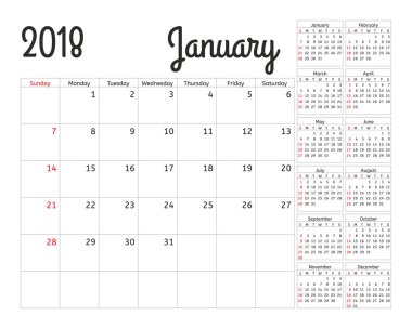 2018 yıl için basit takvim planlayıcısı. Vektör tasarımı Ocak şablonu. 12 ay kümesi. Haftası Pazar günü başlar. Takvim planlama hafta.