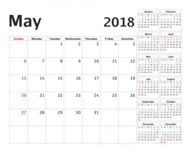 2018 yıl için basit takvim planlayıcısı. Vektör tasarımı Mayıs şablonu. 12 ay kümesi. Haftası Pazar günü başlar. Takvim planlama hafta.