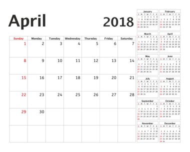 2018 yıl için basit takvim planlayıcısı. Vektör tasarımı Nisan şablonu. 12 ay kümesi. Haftası Pazar günü başlar. Takvim planlama hafta.