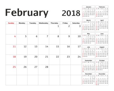 2018 yıl için basit takvim planlayıcısı. Vektör tasarımı Şubat şablonu. 12 ay kümesi. Haftası Pazar günü başlar. Takvim planlama hafta.