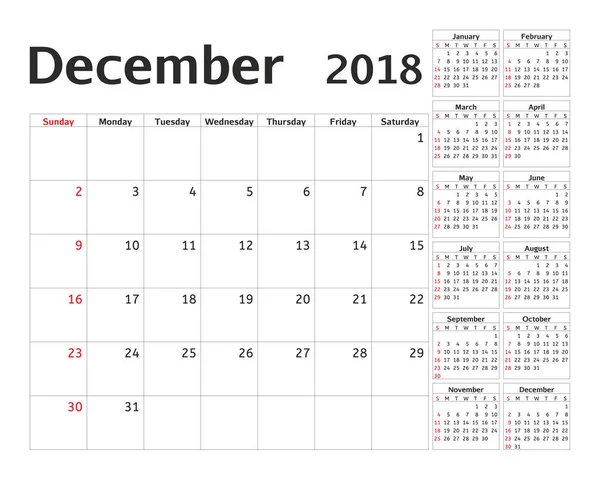 Planejador de calendário simples para 2018 ano. Modelo de dezembro de design vetorial. Conjunto de 12 meses. A semana começa domingo. Semana de planejamento do calendário . — Vetor de Stock