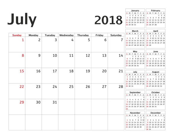 Prosty kalendarz terminarz na 2018 rok. Wektor wzór szablonu lipca. Zestaw 12 miesięcy. Tydzień rozpoczyna się w niedzielę. Tydzień planowanie kalendarza. — Wektor stockowy