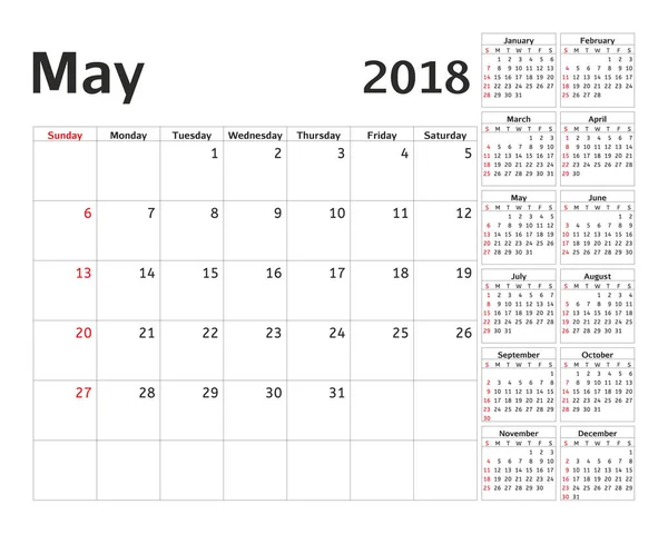 2018 yıl için basit takvim planlayıcısı. Vektör tasarımı Mayıs şablonu. 12 ay kümesi. Haftası Pazar günü başlar. Takvim planlama hafta. — Stok Vektör