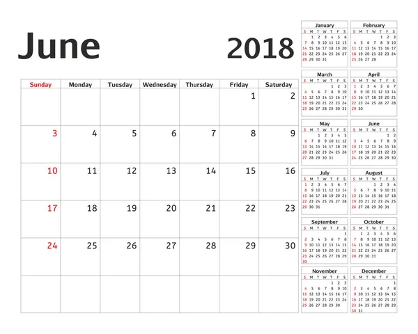 Planejador de calendário simples para 2018 ano. Modelo de junho de design vetorial. Conjunto de 12 meses. A semana começa domingo. Semana de planejamento do calendário . — Vetor de Stock