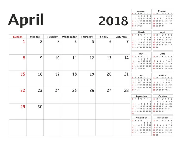 Prosty kalendarz terminarz na 2018 rok. Wektor wzór szablonu kwietnia. Zestaw 12 miesięcy. Tydzień rozpoczyna się w niedzielę. Tydzień planowanie kalendarza. — Wektor stockowy