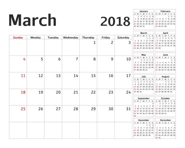 Αρμόδιος για το σχεδιασμό απλό ημερολόγιο για το έτος 2018. Διανυσματική σχεδίαση Μαρτίου πρότυπο. Σετ των 12 μηνών. Εβδομάδα ξεκινά την Κυριακή. Ημερολογιακή εβδομάδα προγραμματισμού. — Διανυσματικό Αρχείο