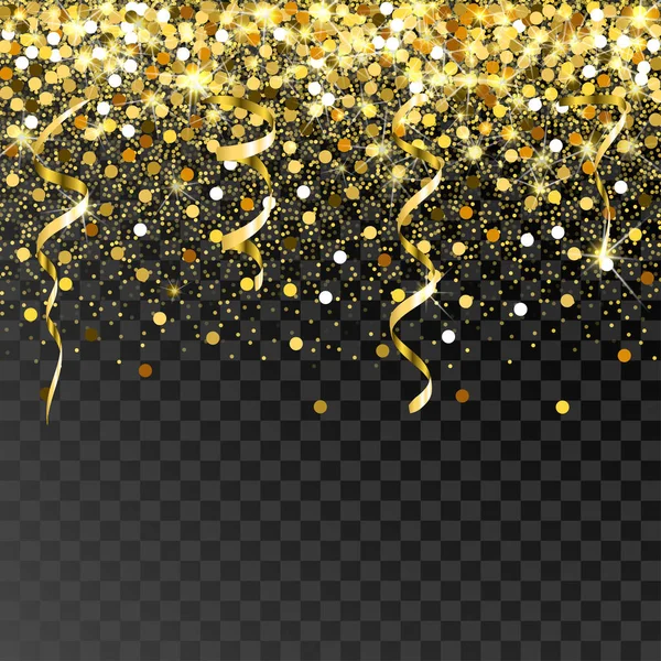 Πτώση χρυσή σωματίδια σε μαύρο φόντο. Διάσπαρτα χρυσές κομφετί. Πλούσιο σκηνικό μόδας πολυτέλειας. Φωτεινό λαμπερό χρυσό. Χρυσό στρογγυλό κουκίδες. — Διανυσματικό Αρχείο