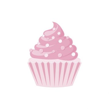 Vektör simgesi kek ve kurabiye. Pembe tatlı krema, çikolata, kiraz ve çilek ile. Şirin cupcake işareti el ilanları, kartpostallar, çıkartmalar, parmak izi, posterler, dekorasyon için.