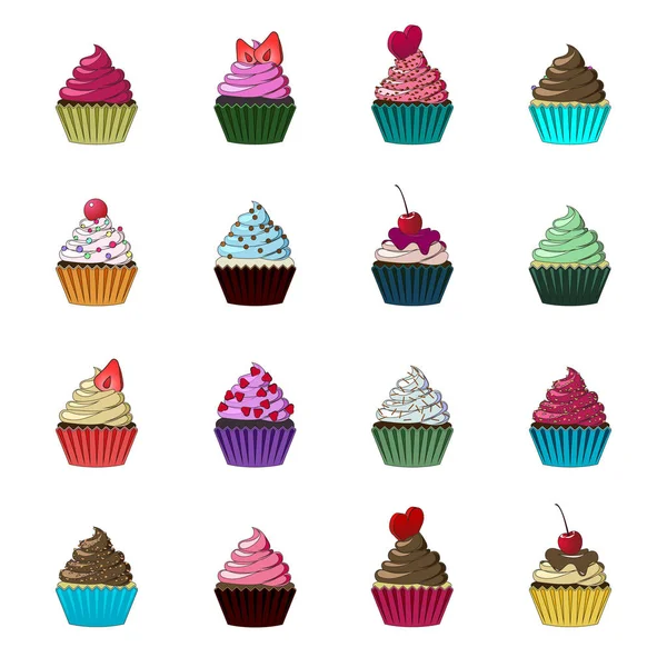 Conjunto de cupcakes y magdalenas vectoriales. Coloridos postres con crema, chocolate, cerezas y fresas. Multicolor cupcakes lindo para volantes, postales, pegatinas, impresiones, carteles, decoraciones . — Archivo Imágenes Vectoriales