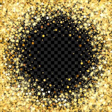 Altın glitter çerçeve metin için boş yer ile. Dağınık altın konfeti. Altın yuvarlak nokta. Parlak parlayan altın. Zengin lüks moda parlak zemin.