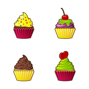 Vektör cupcakes veya muffins simgesi. Renkli tatlı krema, çikolata, kiraz ve çilek ile. Çok renkli sevimli cupcake işareti el ilanları, kartpostallar, çıkartmalar, parmak izi, posterler, dekorasyon için.