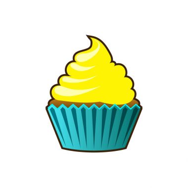 Vektör cupcakes veya muffins simgesi. Renkli tatlı krema, çikolata, kiraz ve çilek ile. Çok renkli sevimli cupcake işareti el ilanları, kartpostallar, çıkartmalar, parmak izi, posterler, dekorasyon için.