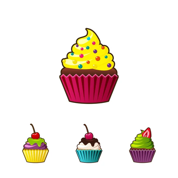 Vector cupcakes o muffins icono. Colorido postre con crema, chocolate, cerezas y fresas. Signo de cupcake lindo multicolor para volantes, postales, pegatinas, impresiones, carteles, decoraciones . — Vector de stock