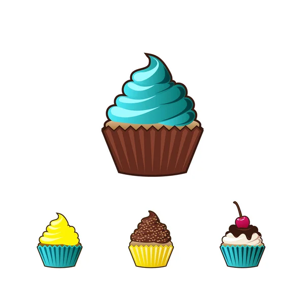 Vector cupcakes o muffins icono. Colorido postre con crema, chocolate, cerezas y fresas. Signo de cupcake lindo multicolor para volantes, postales, pegatinas, impresiones, carteles, decoraciones . — Vector de stock