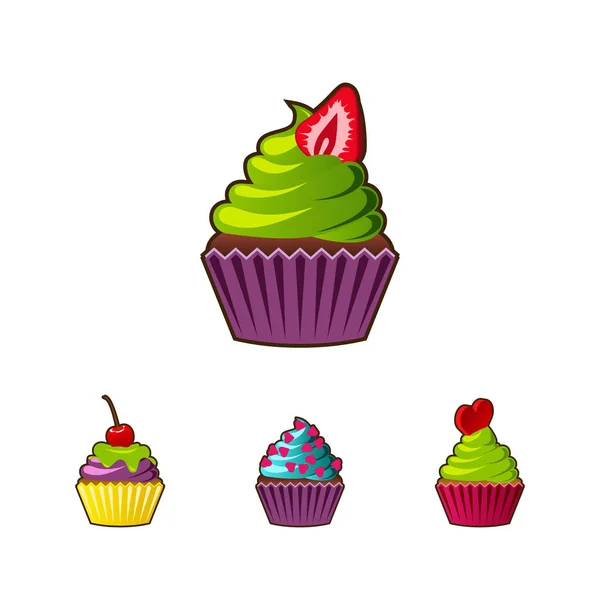 Cupcakes vectoriels ou muffins icône. Dessert coloré avec crème, chocolat, cerises et fraises. Panneau de cupcake mignon multicolore pour flyers, cartes postales, autocollants, estampes, affiches, décorations . — Image vectorielle