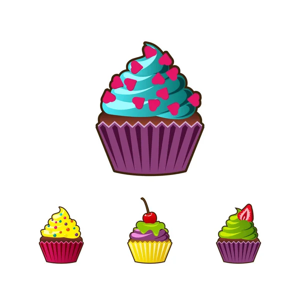 Vector cupcakes o muffins icono. Colorido postre con crema, chocolate, cerezas y fresas. Signo de cupcake lindo multicolor para volantes, postales, pegatinas, impresiones, carteles, decoraciones . — Vector de stock