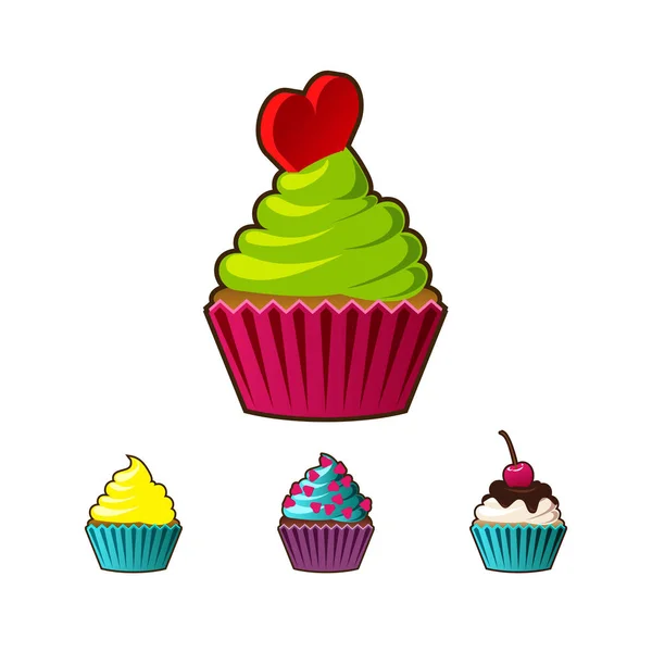 Cupcakes vectoriels ou muffins icône. Dessert coloré avec crème, chocolat, cerises et fraises. Panneau de cupcake mignon multicolore pour flyers, cartes postales, autocollants, estampes, affiches, décorations . — Image vectorielle