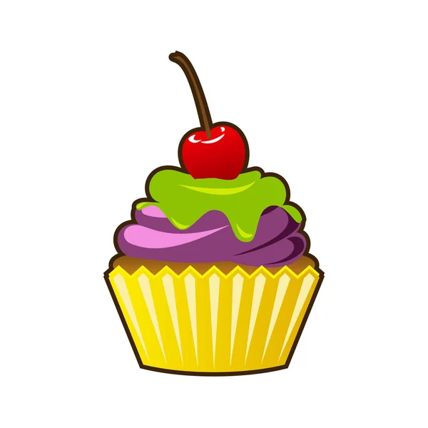Cupcake vettoriali o icona muffin. Dolce colorato con panna, cioccolato, ciliegie e fragole. Carino segno cupcake multicolore per volantini, cartoline, adesivi, stampe, manifesti, decorazioni . — Vettoriale Stock