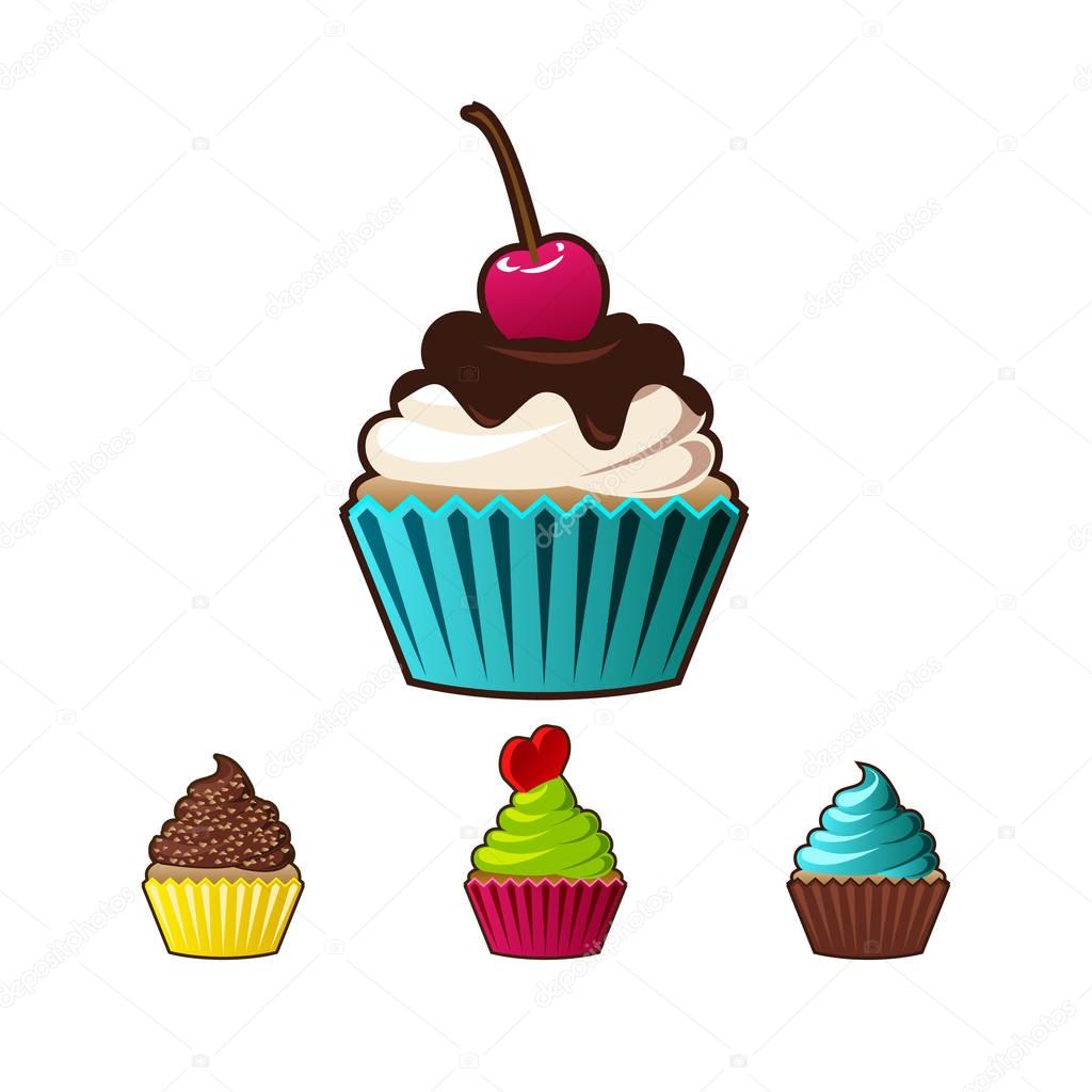 Vector sweet cupcakes and muffins cartoon icon. Cute cupcake sign for flyers, postcards, stickers, prints, posters, decorations. Multicolor muffins desserts with cream, chocolate, cherries and