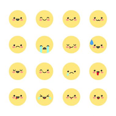Uygulamaları ve sohbet için ifadeler Icons set. Beyaz arka plan üzerinde izole farklı duygular ile emoticons. kawaii tarzı resimde.