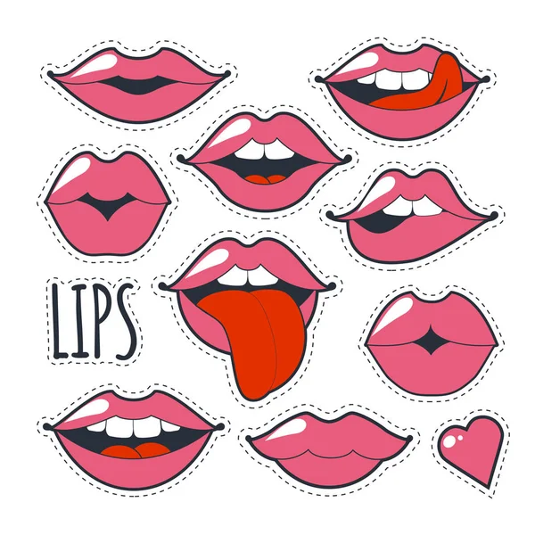 Set glamorous quirky icons. illustration for fashion design. Bright pink makeup kiss mark. Passionate lips in cartoon style of the 80 s and 90 s isolated on white background. — Stock Photo, Image