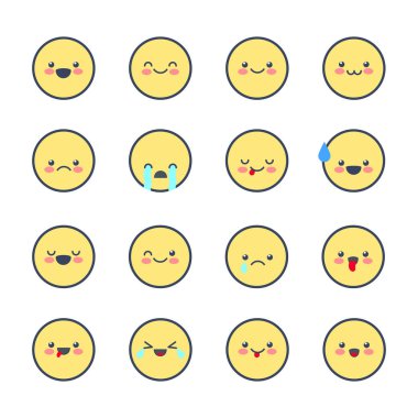 Emoji simgeler uygulamaları ve sohbet için ayarlayın. Beyaz arka plan üzerinde izole farklı duygular ile emoticons.