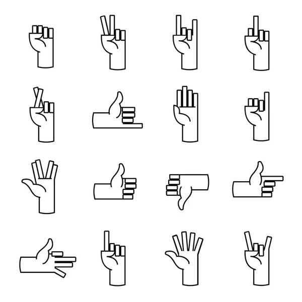 Руки, пальцы выстраивают иконки. Пальцы вверх, как, неприязнь, и другие элементы рук. Тонкие линейные знаки для паутины . — стоковое фото