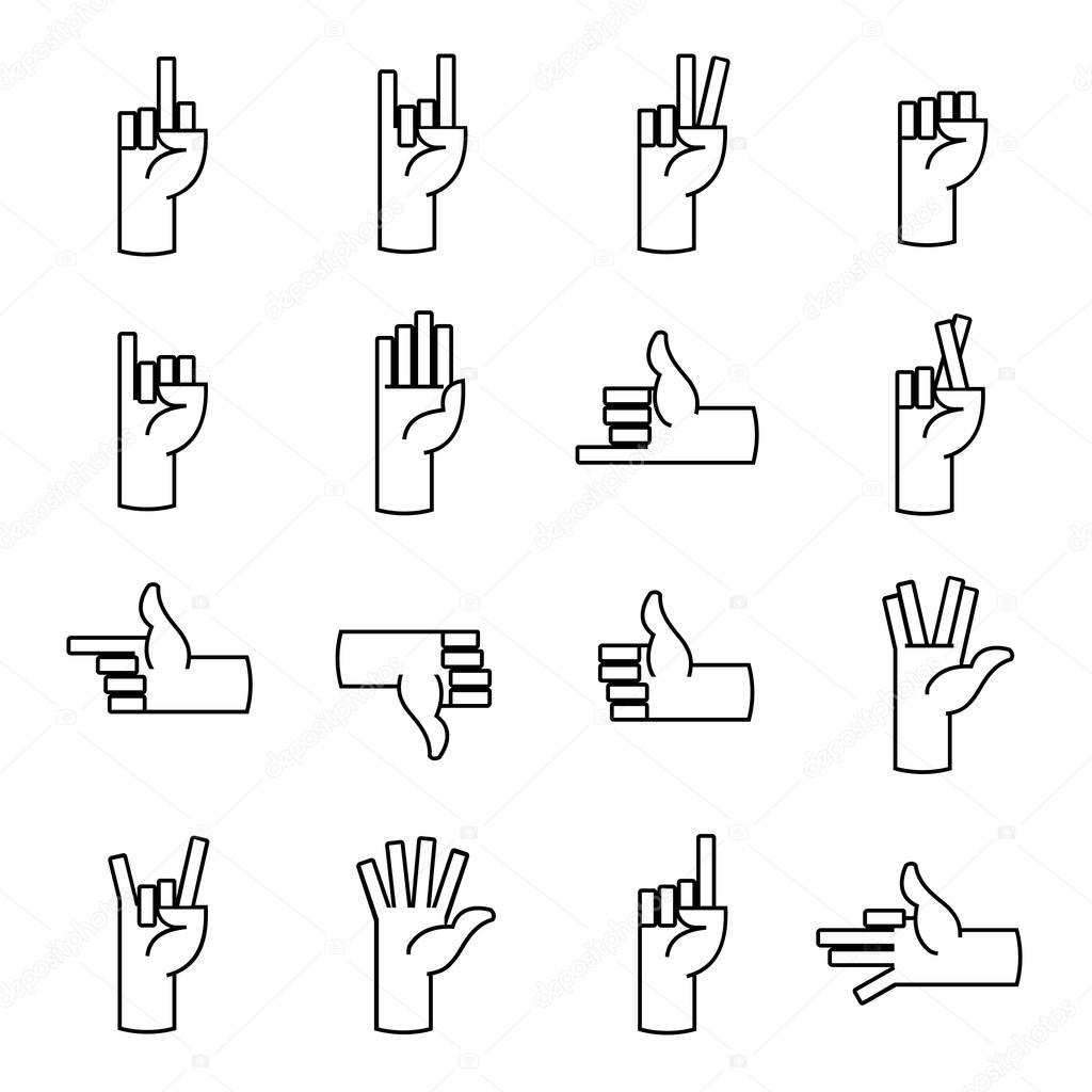 Hands, fingers line icons. Thumb up, like, dislike, and other hands elements. Palm thin linear signs for web.