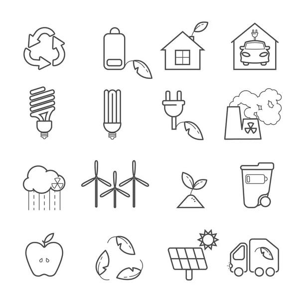 Eco icons vector set. Thin line ecological signs for infographic, website or app. Powersave lamp, nuclear plant, wind energy, elecrtic car, low energy house and over ecology symbol. — Stock Vector