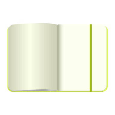 Beyaz arka plan üzerine açık defter. Düz stil simgesi.