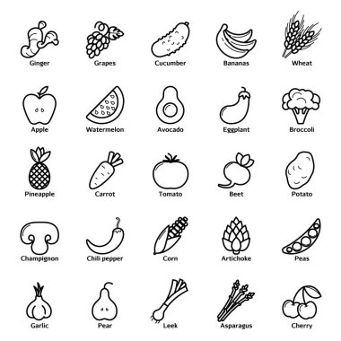 Meyve ve sebze Icon set. Vegan doğal biyo sembollerin. Enginar, kuşkonmaz, buğday, muz, üzüm, pırasa, sarımsak, zencefil ve diğer organik gıda işaretleri.