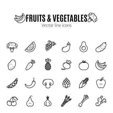 Meyve ve sebze Icon set. Vegan doğal biyo sembollerin. Enginar, kuşkonmaz, buğday, muz, üzüm, pırasa, sarımsak, zencefil ve diğer organik gıda işaretleri.