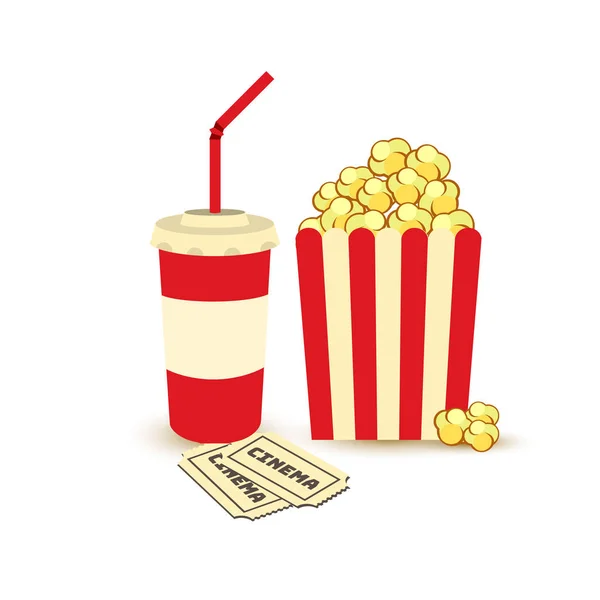 Movie poster template. Popcorn, soda takeaway, cinema tickets. Cinema design elements. — Stock Vector