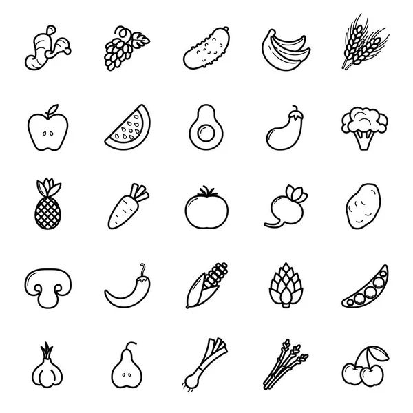Gyümölcs- és zöldségfélék ikon készlet. Vegán, természetes bio piktogramok. Articsóka, spárga, búza, banán, szőlő, póréhagyma, fokhagyma, gyömbér és mások bioélelmiszerek jelek. — Stock Vector