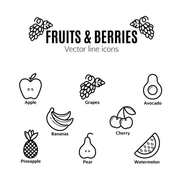Obst und Beeren Icon Set. Vegane natürliche Bio-Piktogramme. , Bananen, Trauben, Avocado, Wassermelone und andere biologische Lebensmittel Zeichen — Stockvektor