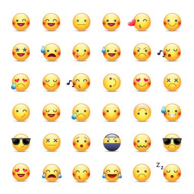 Suratlar Icon set vektör. İfadeler sembollerin. Mutlu, neşeli, şarkı, uyku, ninja, ağlama, sevgi ve diğer yuvarlak sarı suratlar. Gülümsüyor büyük koleksiyonu