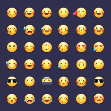 Suratlar Icon set vektör. İfadeler sembollerin. Mutlu, neşeli, şarkı, uyku, ninja, ağlama, sevgi ve diğer yuvarlak sarı suratlar. Gülümsüyor büyük koleksiyonu