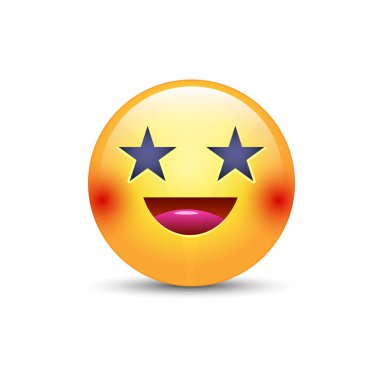 Happy Emoji yüz yıldız şeklinde gözleri gülüyor. Eğlenceli çizgi film vektör güçlü duygu gülümseme ile. Uygulama ve sohbet için sevimli sarı gülen