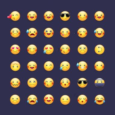 Suratlar Icon set vektör. İfadeler sembollerin. Mutlu, neşeli, şarkı, uyku, ninja, ağlama, sevgi ve diğer yuvarlak sarı suratlar. Gülümsüyor büyük koleksiyonu
