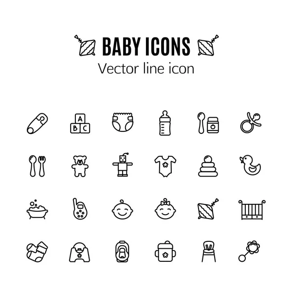 Bebek bakım ince çizgi Icon set. Kontur besleme, oyun, banyo sembollerin anahat. PIN, Oto Koltuğu, mama sandalyesi, Bebek telsizi, bebek maması ve diğer bebek aksesuarları