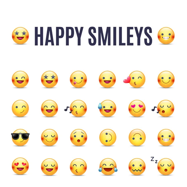 Conjunto de ícones vetoriais Happy Smileys. Coleção de pictogramas emoticons. Sorrisos amarelos redondos felizes. Grande coleção de sorrisos —  Vetores de Stock