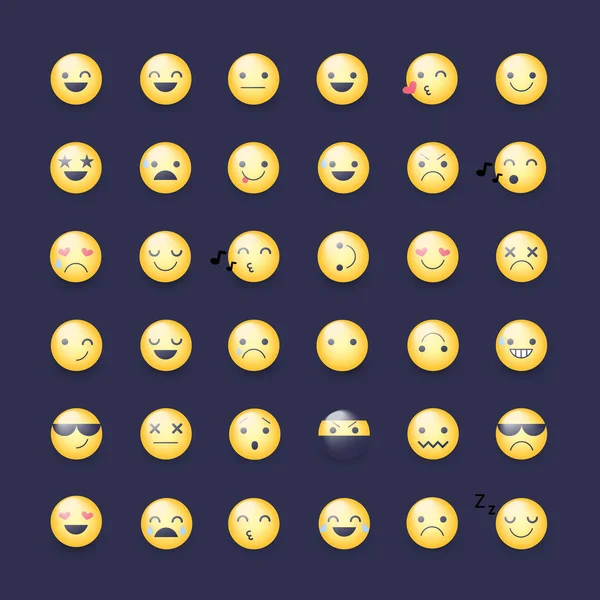 Conjunto de ícones vetoriais Smileys. Emoticons pictogramas. Feliz, alegre, cantando, dormindo, ninja, chorando, no amor e outros sorrisos amarelos redondos. Grande coleção de sorrisos —  Vetores de Stock
