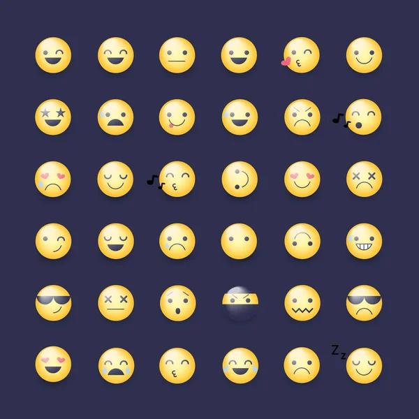 Smileys vector Ikonuppsättning. Uttryckssymboler piktogram. Glad, munter, sjunger, Sover, ninja, gråt, i kärlek och andra runda gula smileys. Stor samling av leenden — Stock vektor