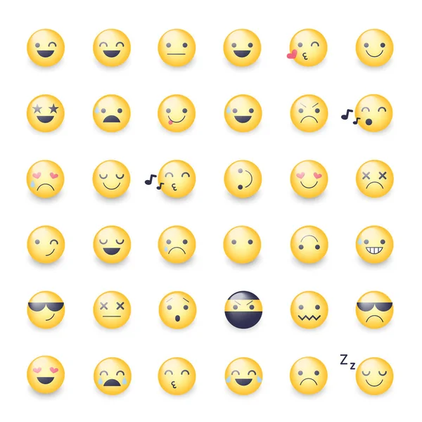 Conjunto de iconos de vector de emoticonos. Pictogramas emoticonos. Feliz, alegre, cantando, durmiendo, ninja, llorando, enamorado y otras sonrisas amarillas redondas. Gran colección de sonrisas — Vector de stock